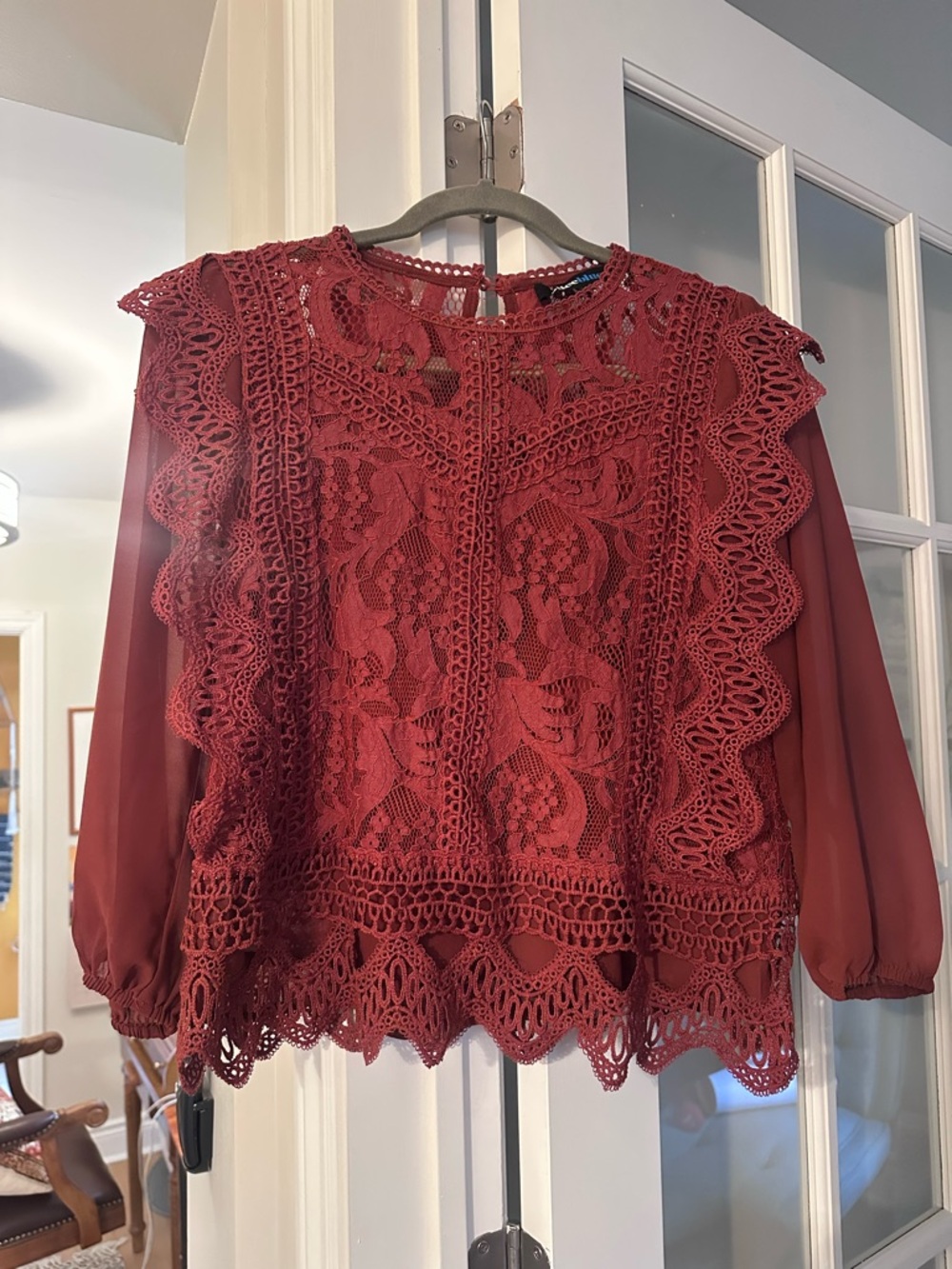 Alice Blue Lace Crochet Long-Sleeve Blouse - Rust